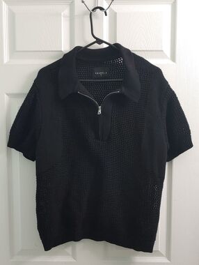 Young LA X Maison Black Open Knit Shirt Men's Short-Sleeve Half Zip Polo Size L